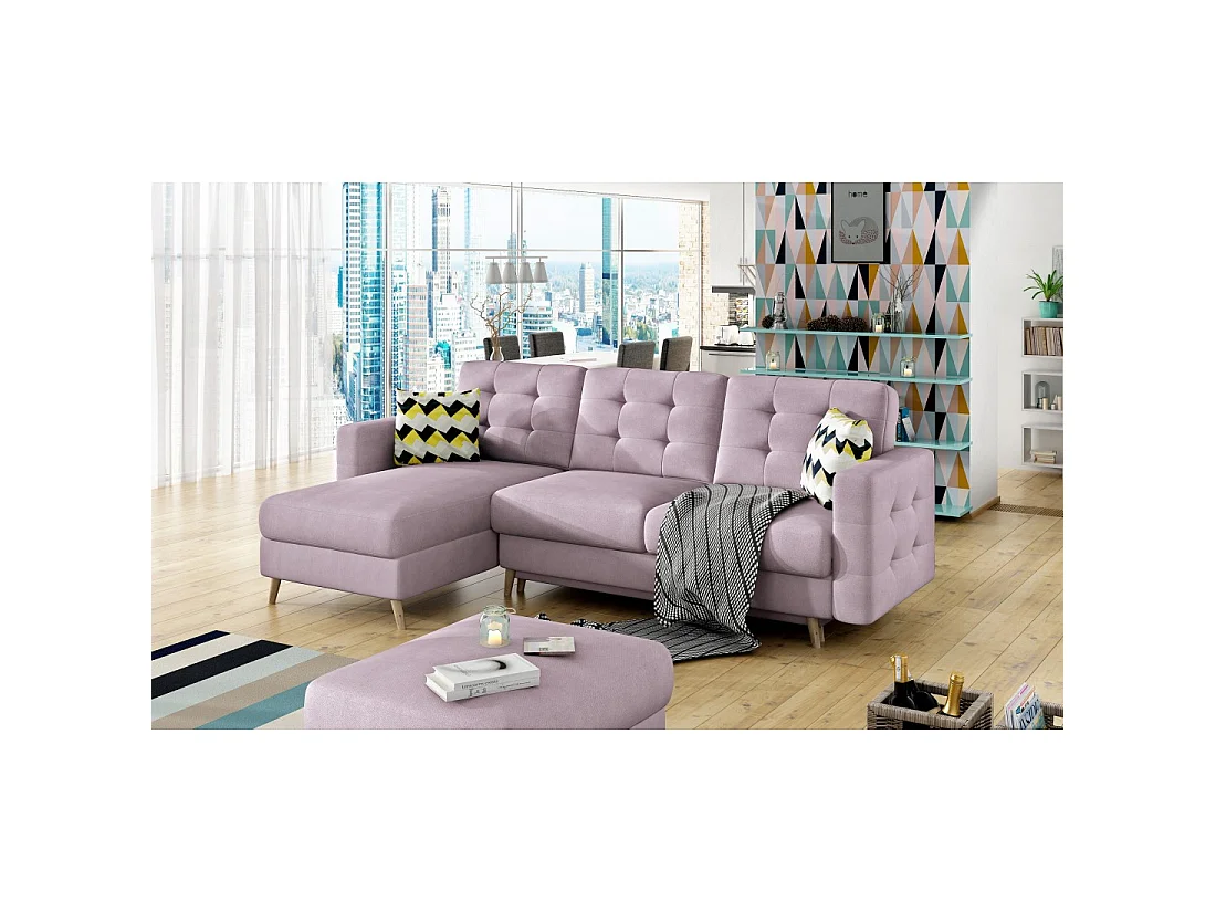 Canapé d'angle convertible HASGARD 3 places rose 248x162 cm – coffre et pieds bois