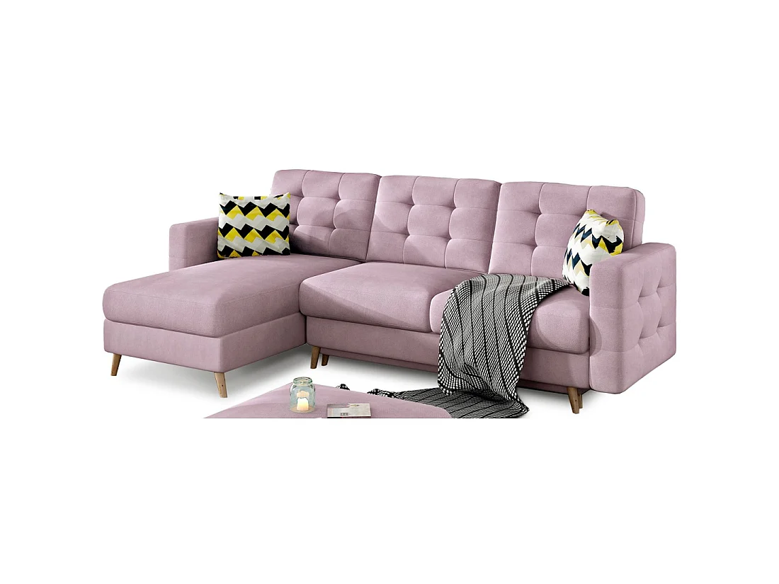 Canapé d'angle convertible HASGARD 3 places rose 248x162 cm – coffre et pieds bois