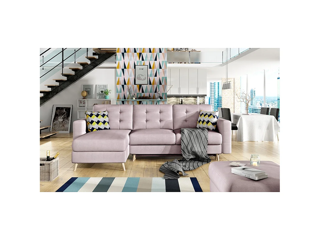 Canapé d'angle convertible HASGARD 3 places rose 248x162 cm – coffre et pieds bois
