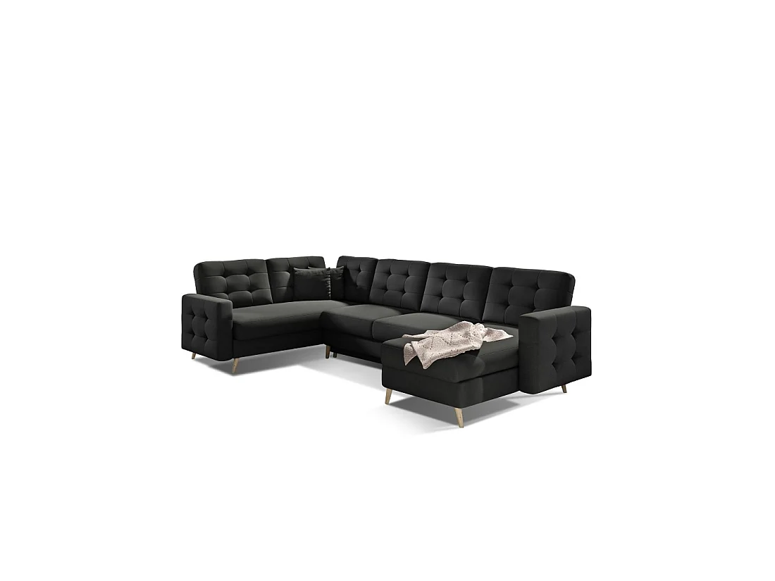 Canapé d'angle panoramique convertible HASGARD U 326 cm noir avec coffre