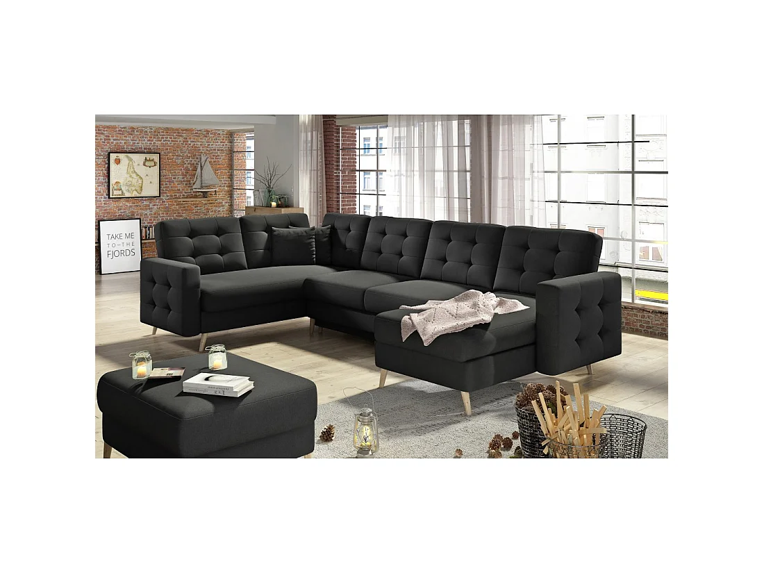 Canapé d'angle panoramique convertible HASGARD U 326 cm noir avec coffre
