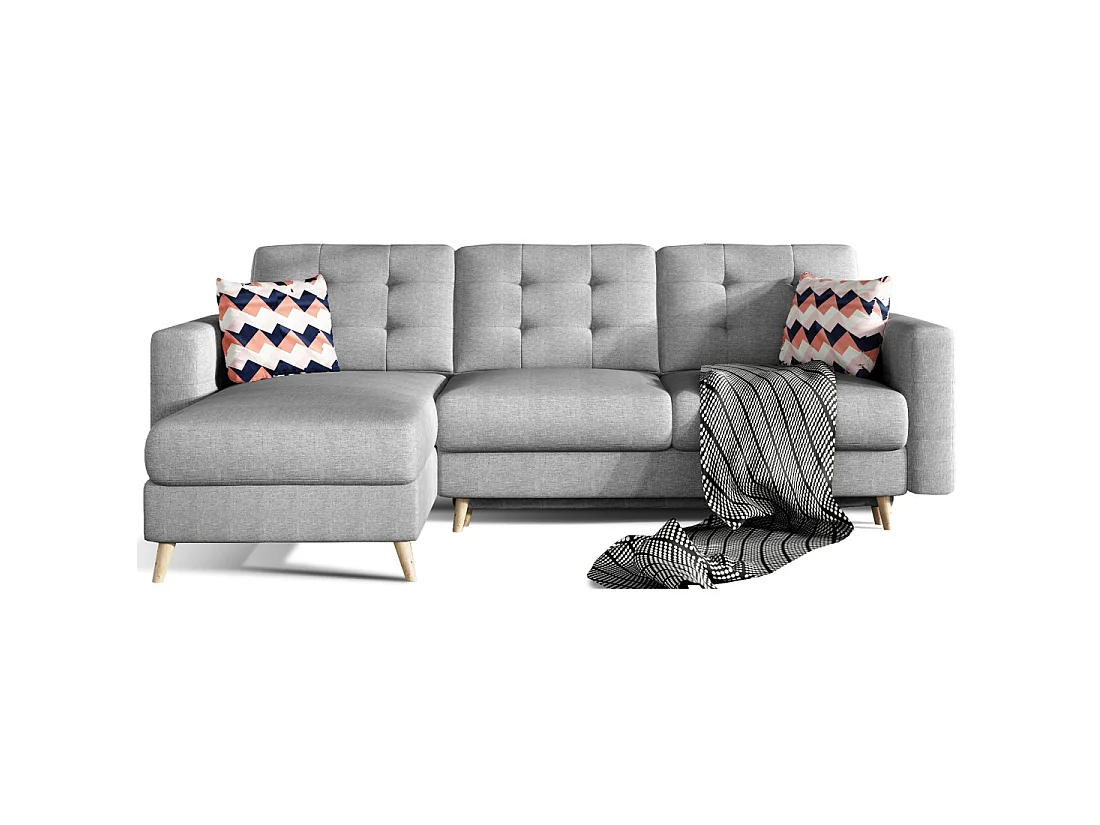 Canapé d'angle convertible HASGARD 3 places gris 248x162 cm – coffre et pieds bois