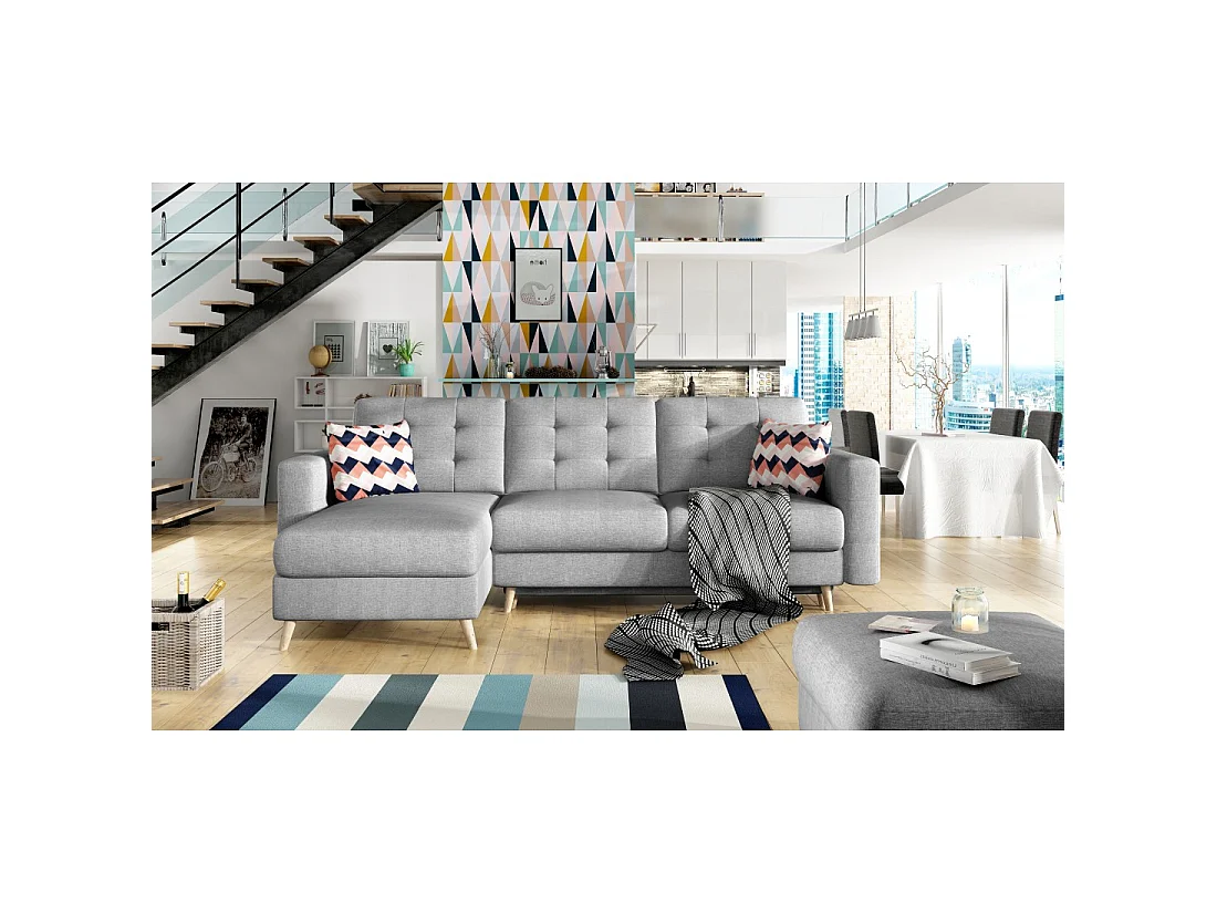 Canapé d'angle convertible HASGARD 3 places gris 248x162 cm – coffre et pieds bois