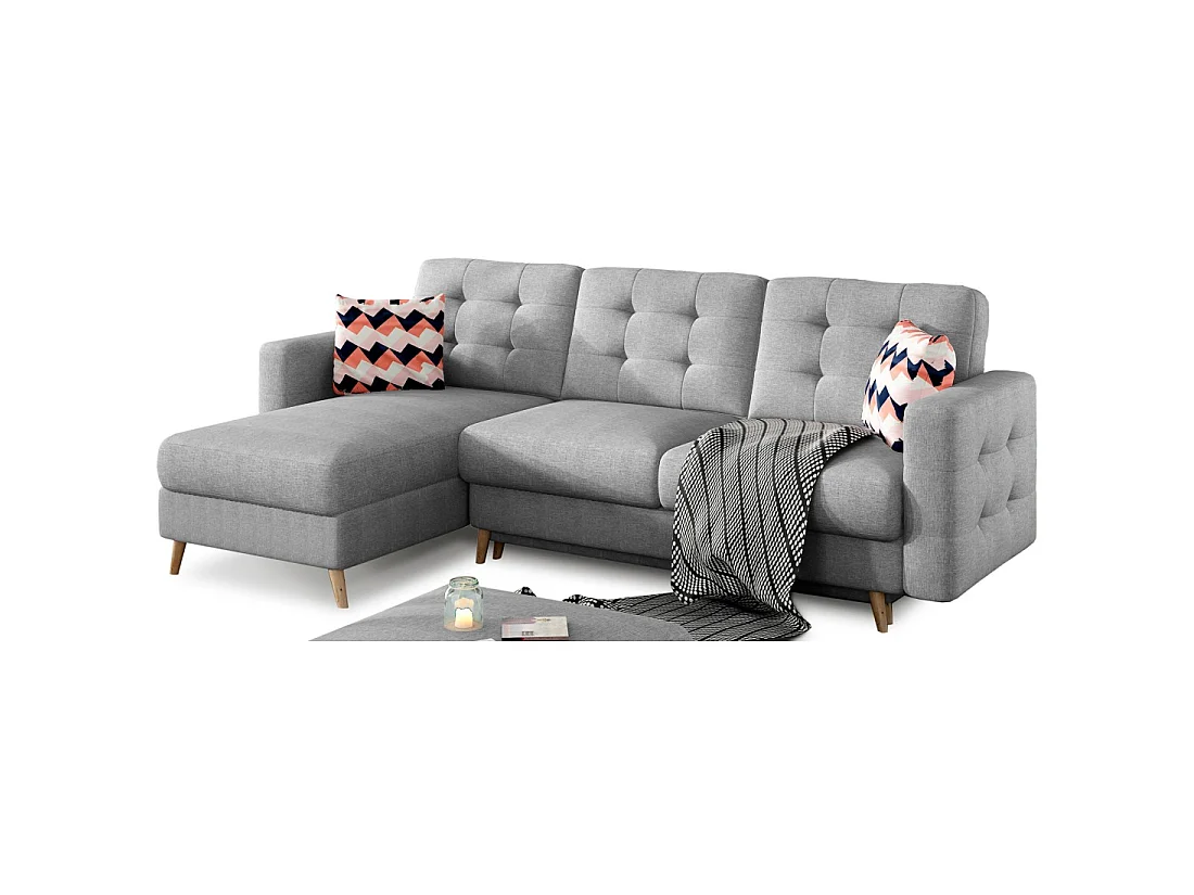 Canapé d'angle convertible HASGARD 3 places gris 248x162 cm – coffre et pieds bois