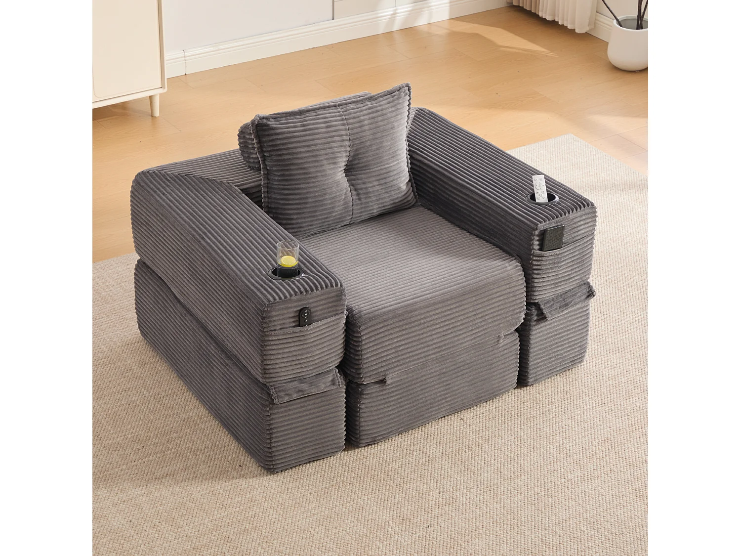 Canapé convertible en velours côtelé avec poche latérale et porte-gobelet - Gris