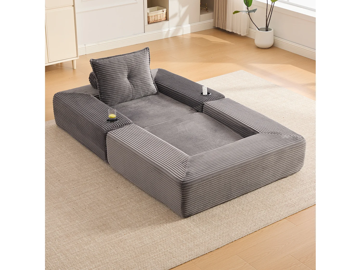 Canapé convertible en velours côtelé avec poche latérale et porte-gobelet - Gris
