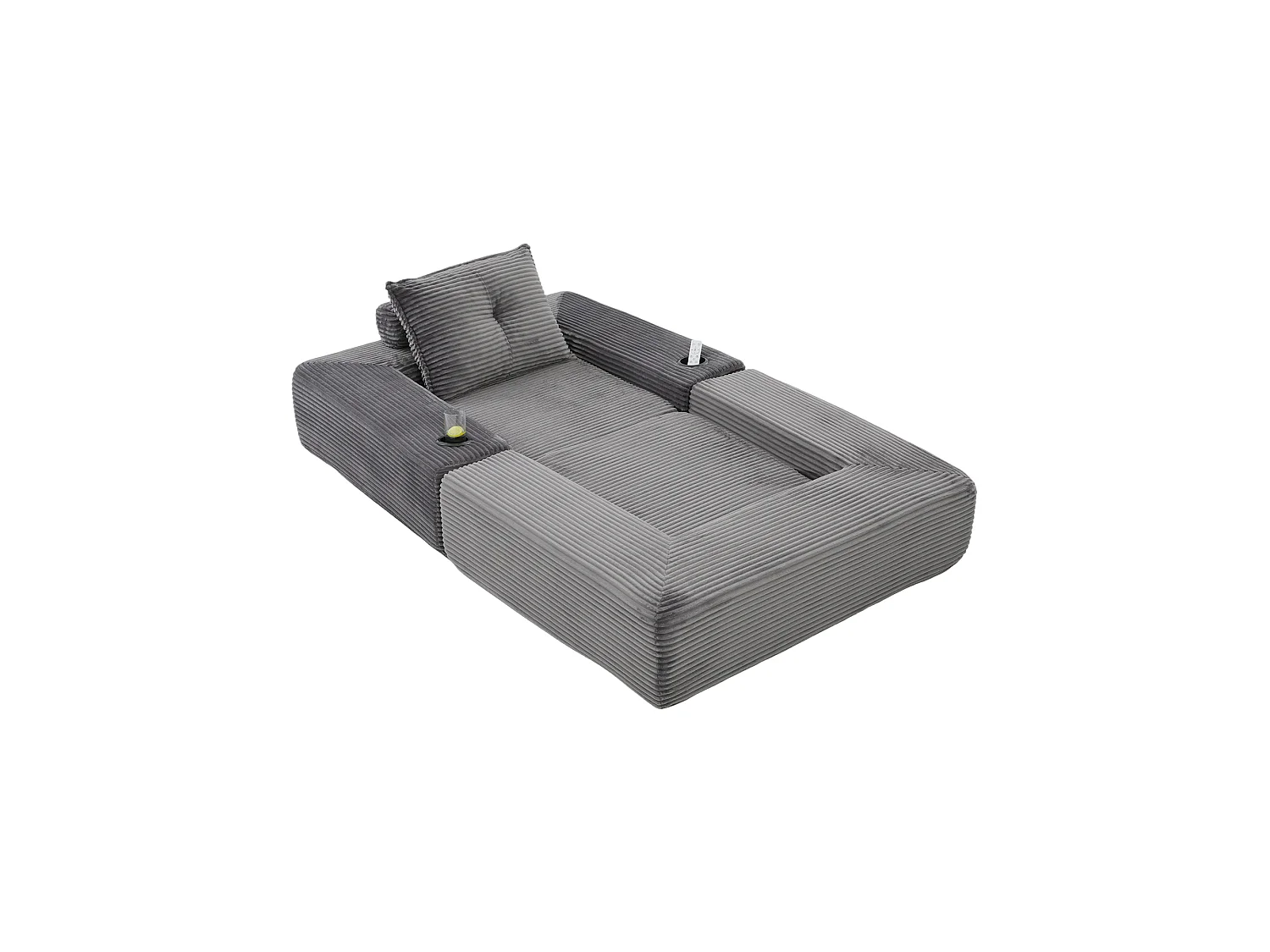 Canapé convertible en velours côtelé avec poche latérale et porte-gobelet - Gris
