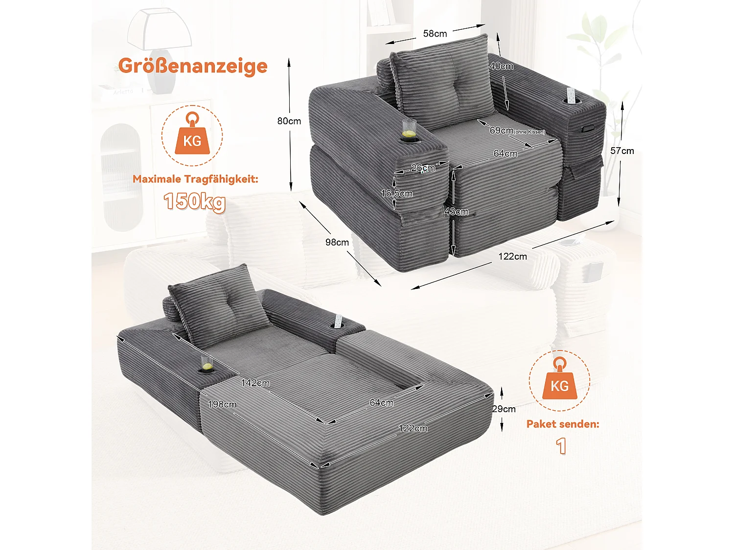 Canapé convertible en velours côtelé avec poche latérale et porte-gobelet - Gris