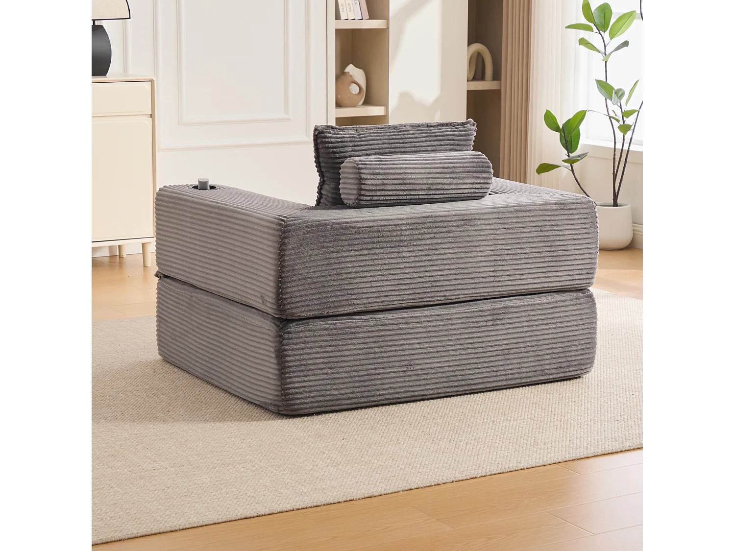 Canapé convertible en velours côtelé avec poche latérale et porte-gobelet - Gris
