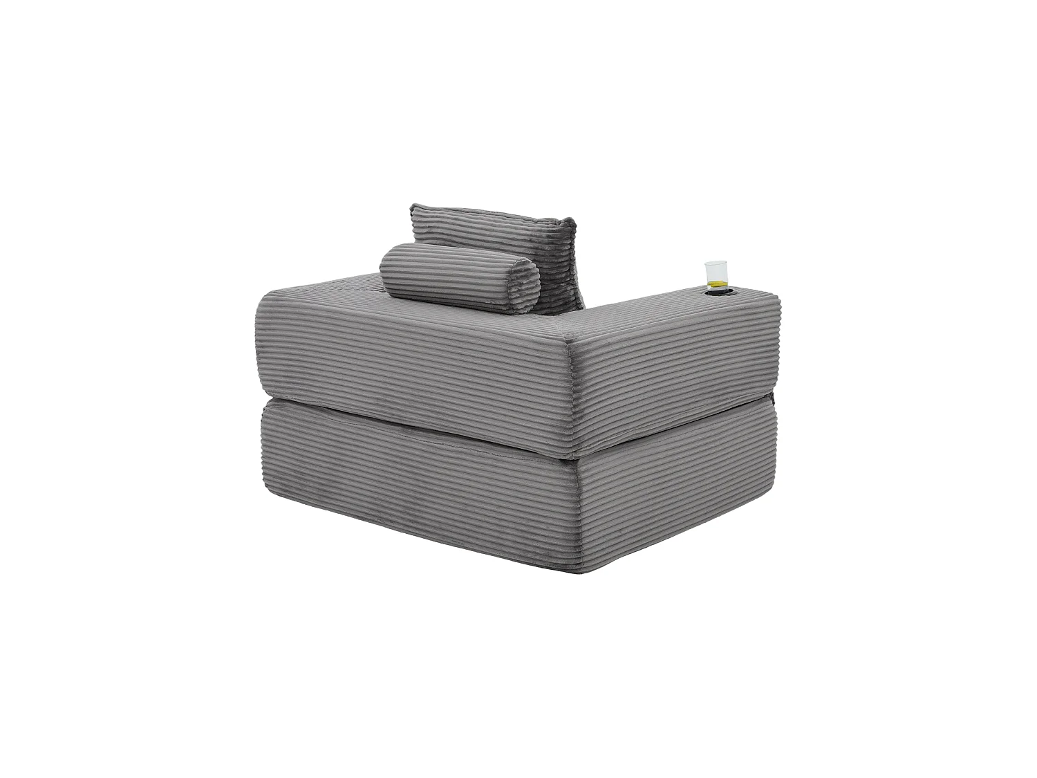 Canapé convertible en velours côtelé avec poche latérale et porte-gobelet - Gris