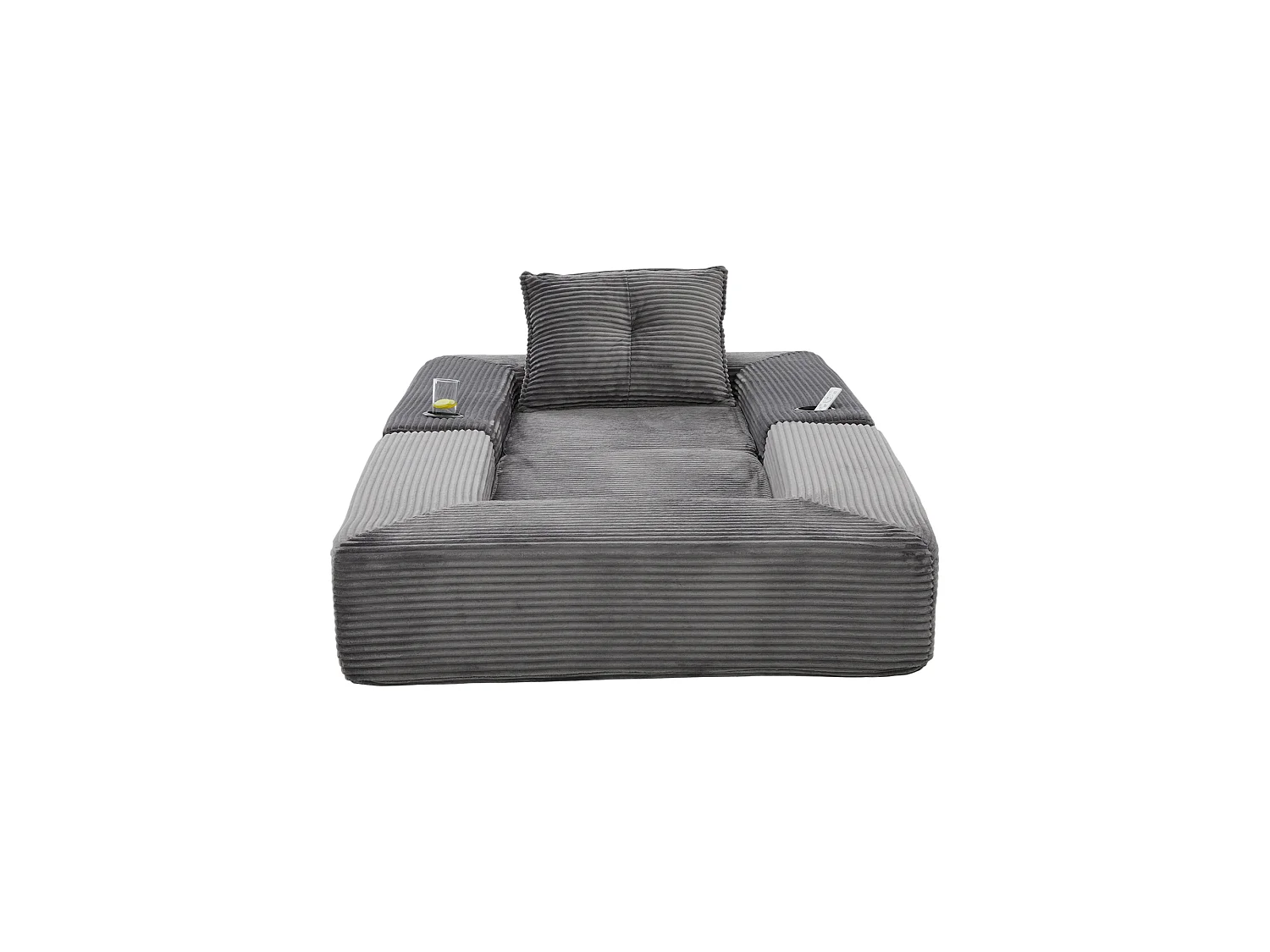 Canapé convertible en velours côtelé avec poche latérale et porte-gobelet - Gris