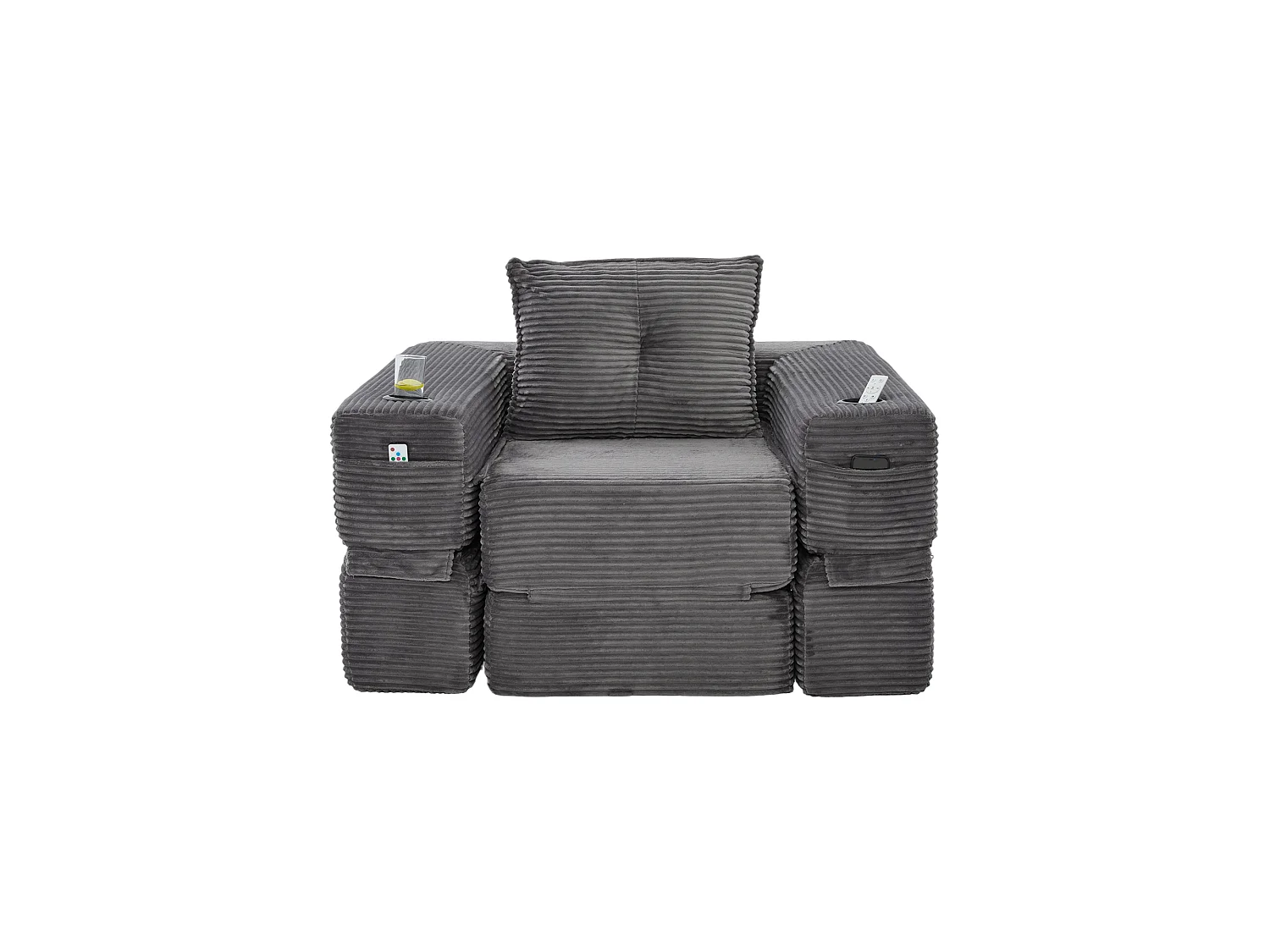 Canapé convertible en velours côtelé avec poche latérale et porte-gobelet - Gris