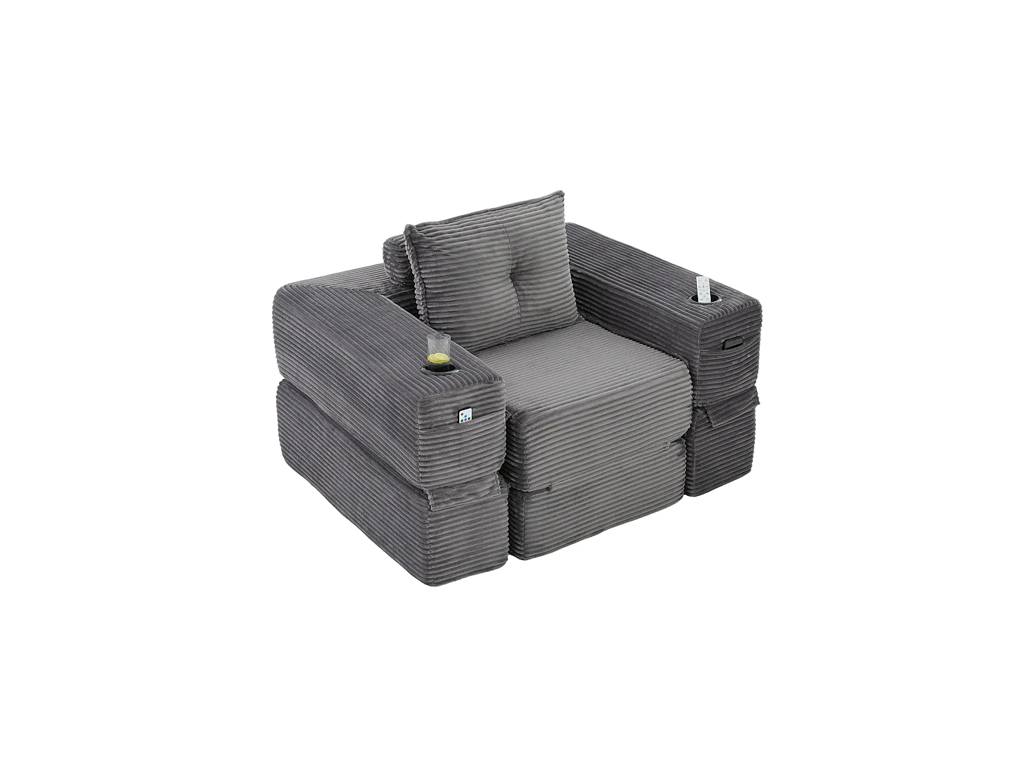 Canapé convertible en velours côtelé avec poche latérale et porte-gobelet - Gris