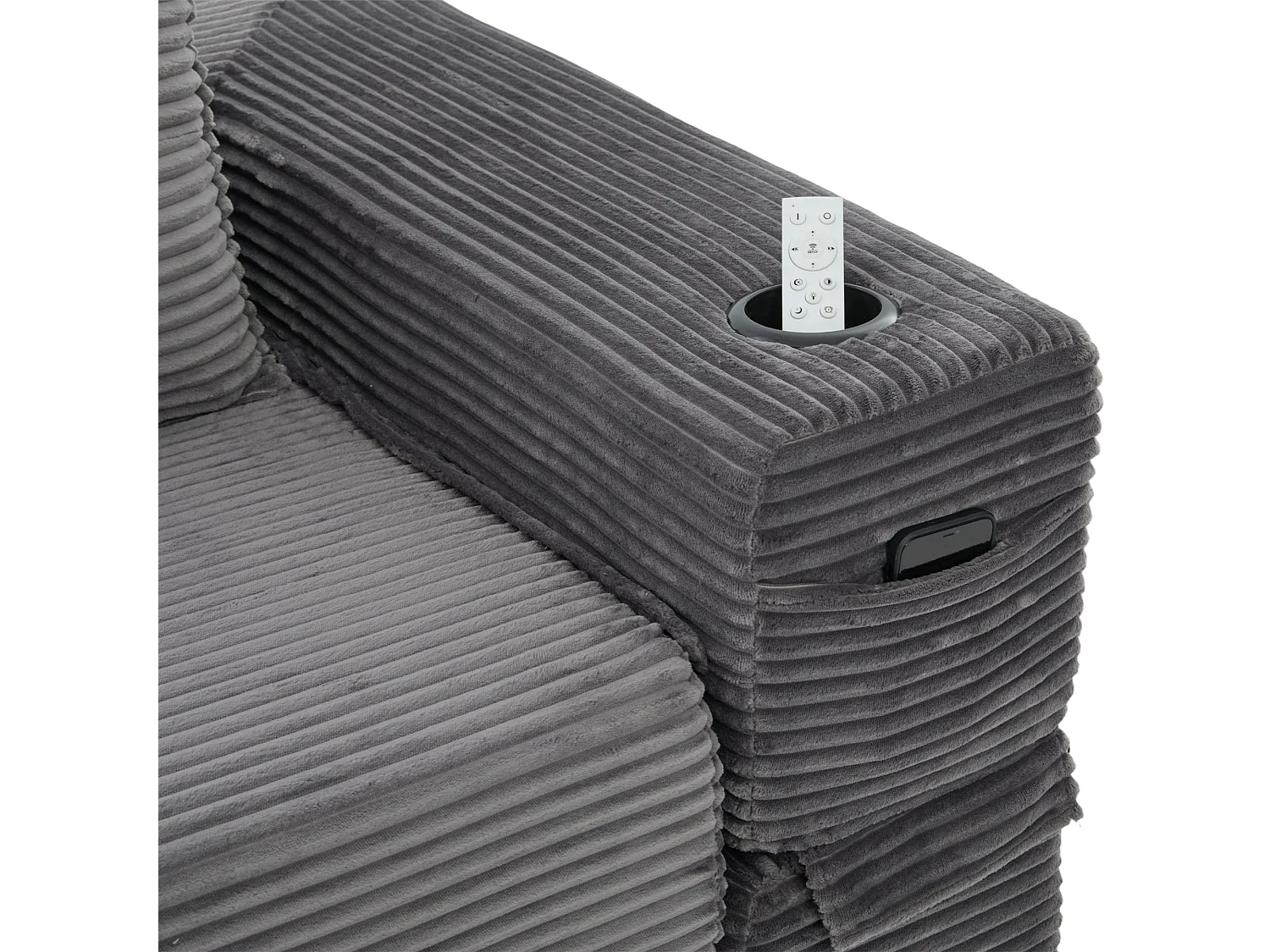 Canapé convertible en velours côtelé avec poche latérale et porte-gobelet - Gris