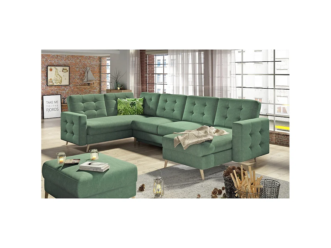 Sofá de esquina panorámico convertible HASGARD U 326 cm verde con almacenamiento