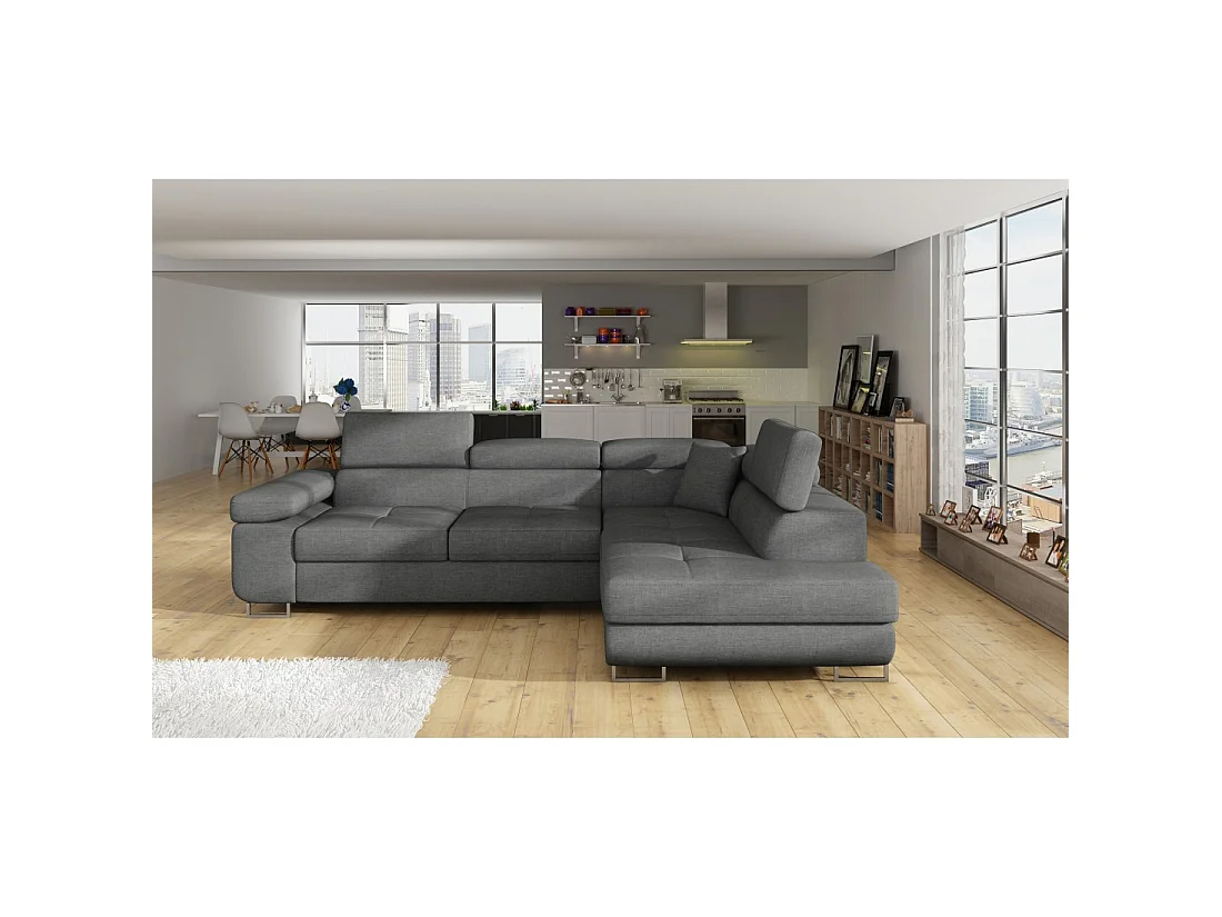 Canapé d'angle convertible MENTON gris tissu tissé – Angle droit avec coffre