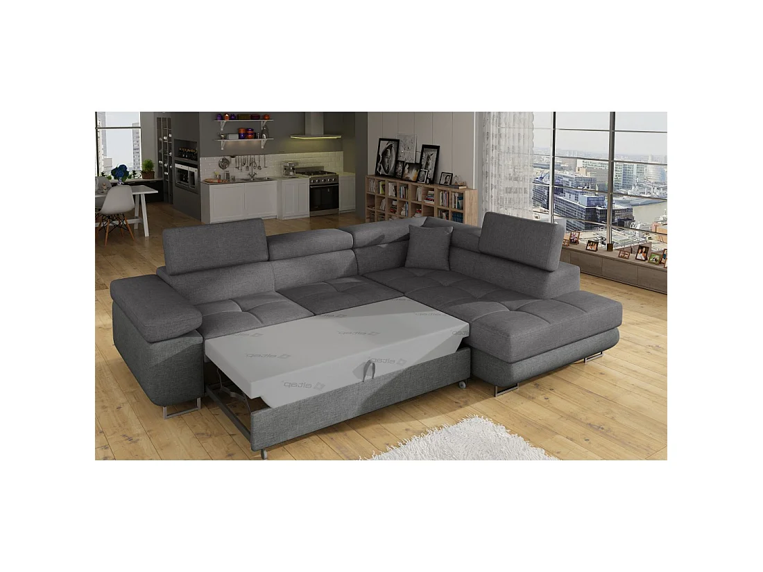 Canapé d'angle convertible MENTON gris tissu tissé – Angle droit avec coffre
