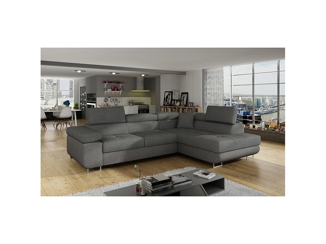 Canapé d'angle convertible MENTON gris tissu tissé – Angle droit avec coffre