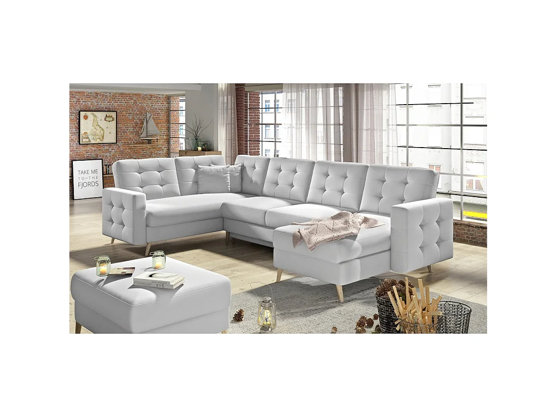 Canapé d'angle panoramique convertible HASGARD U 326 cm blanc alpin avec coffre