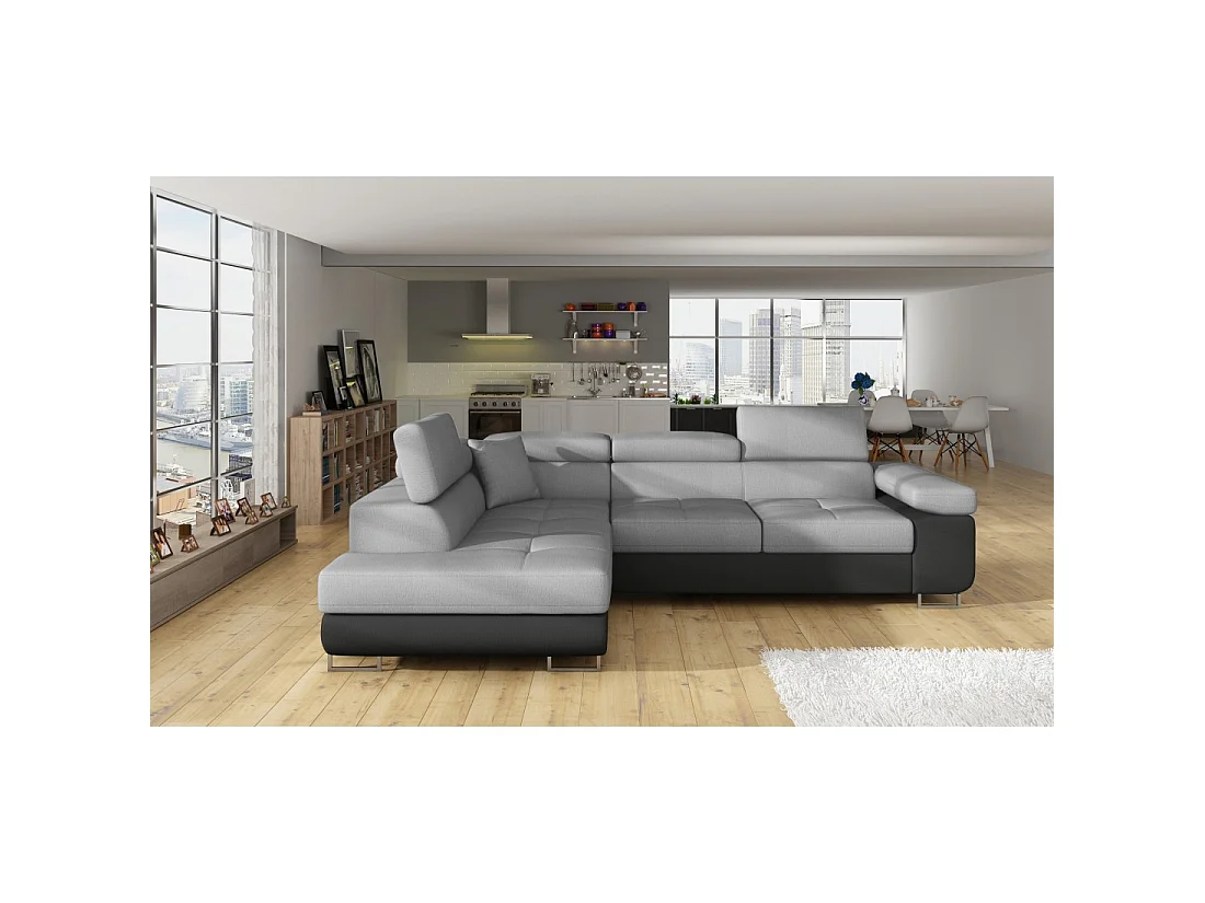Canapé d'angle convertible MENTON gris clair et gris foncé – Angle gauche avec coffre
