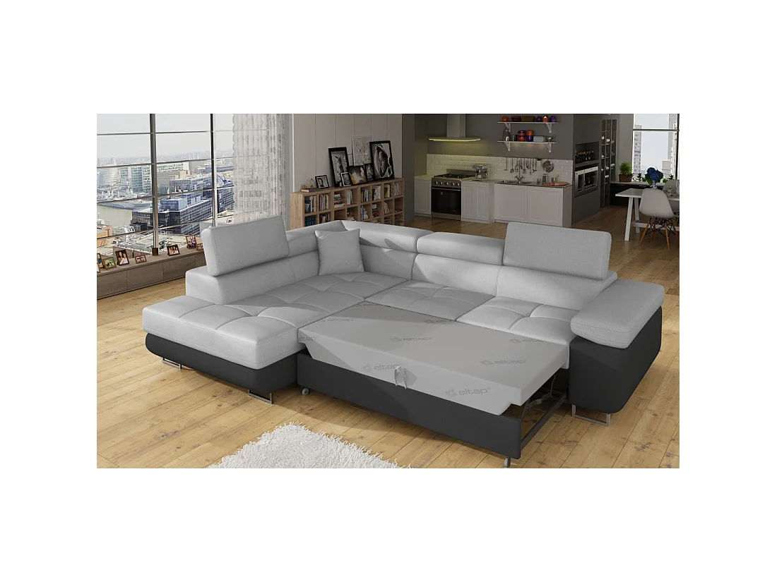 Canapé d'angle convertible MENTON gris clair et gris foncé – Angle gauche avec coffre