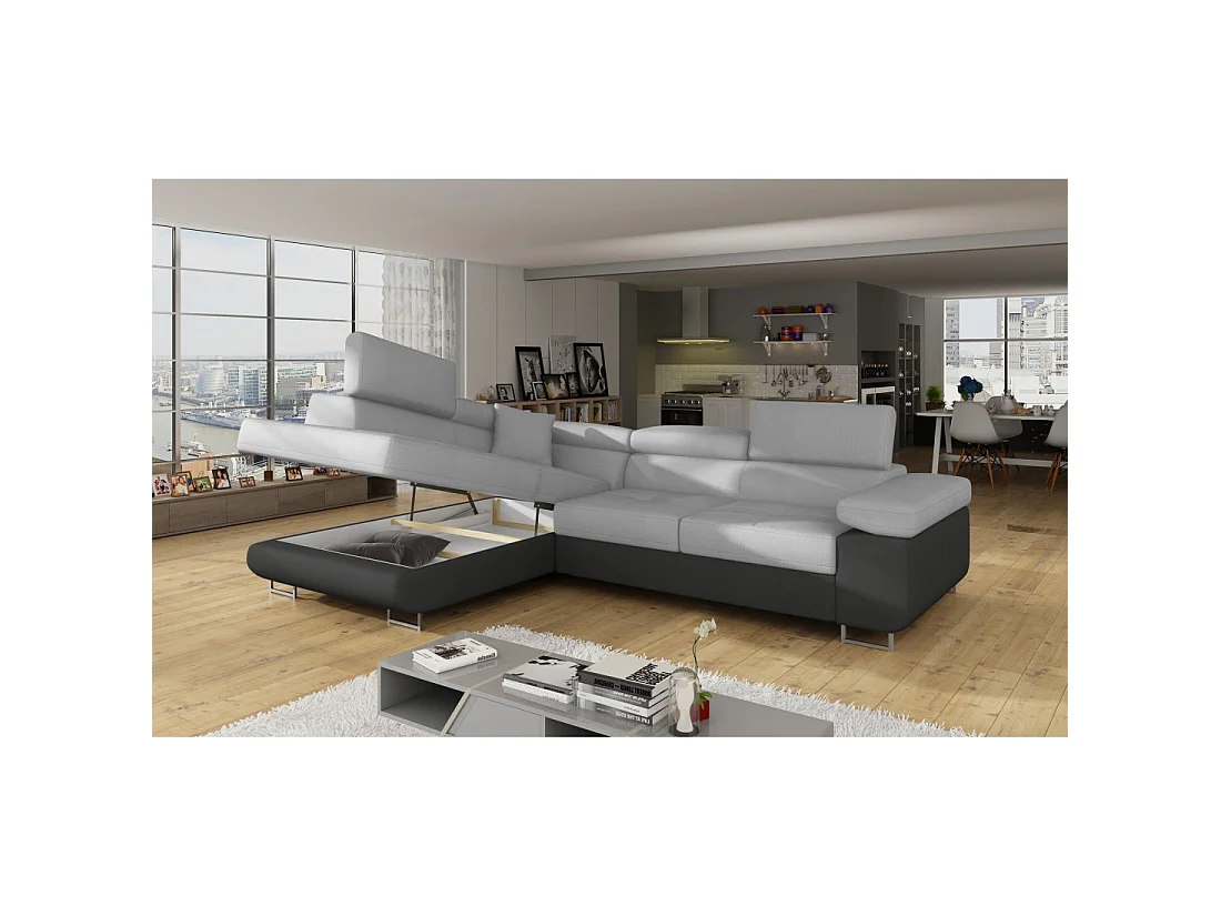Canapé d'angle convertible MENTON gris clair et gris foncé – Angle gauche avec coffre