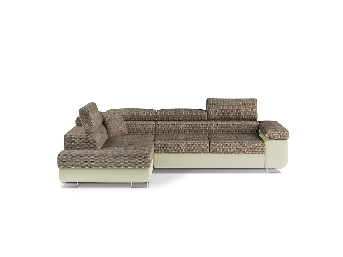 Canapé d'angle convertible MENTON beige et marron bouclé – Angle gauche avec coffre