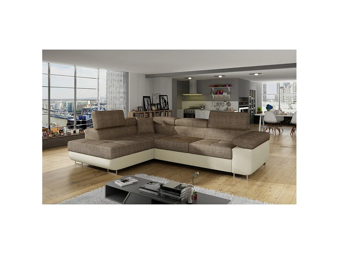 Canapé d'angle convertible MENTON beige et marron bouclé – Angle gauche avec coffre