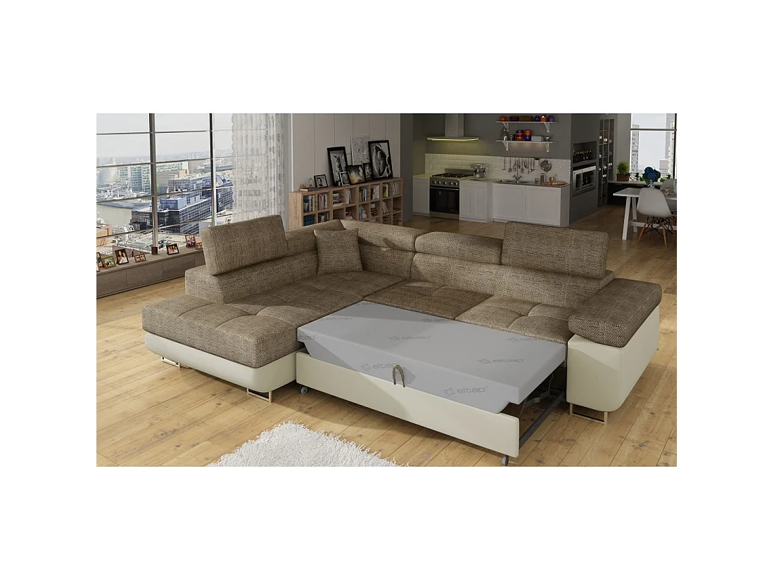 Canapé d'angle convertible MENTON beige et marron bouclé – Angle gauche avec coffre