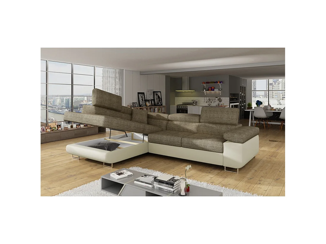 Canapé d'angle convertible MENTON beige et marron bouclé – Angle gauche avec coffre