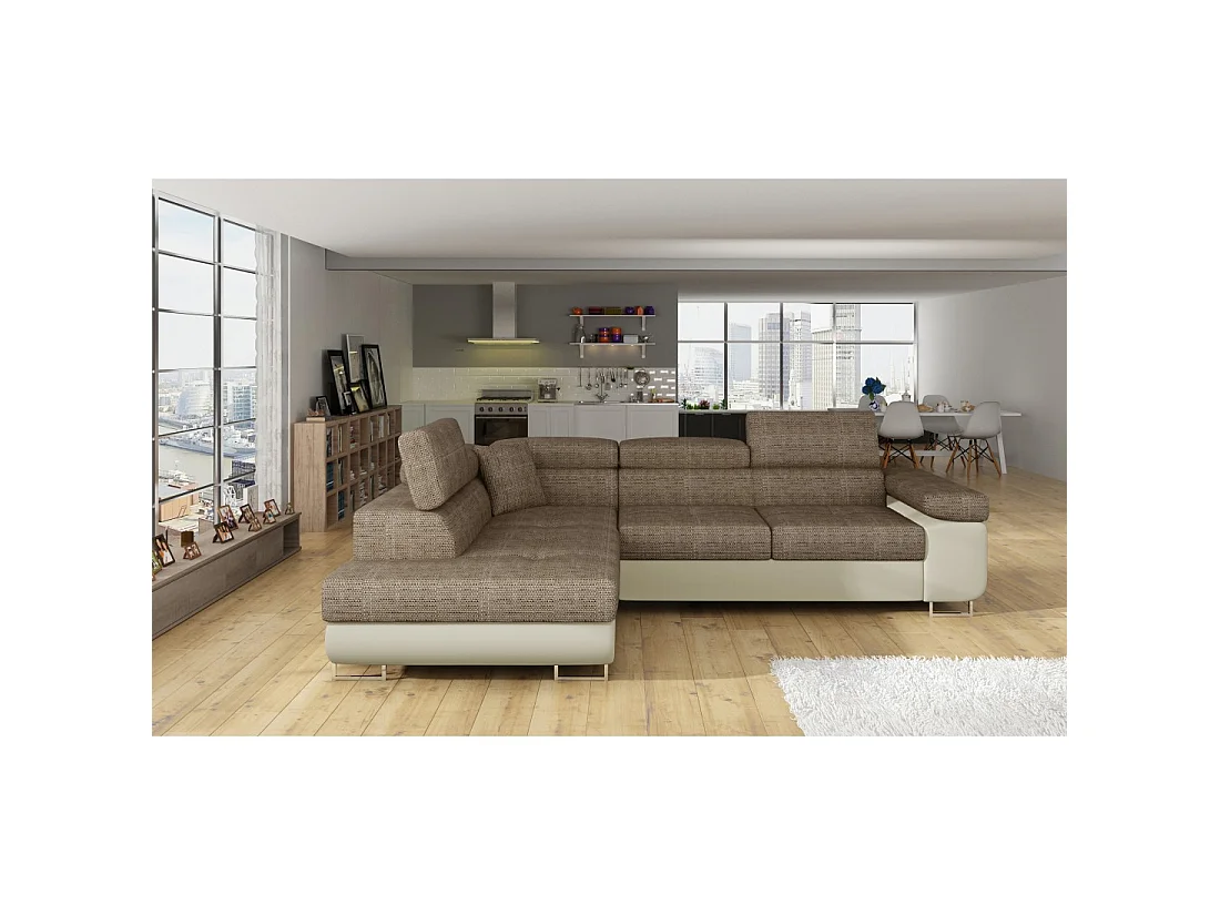 Canapé d'angle convertible MENTON beige et marron bouclé – Angle gauche avec coffre