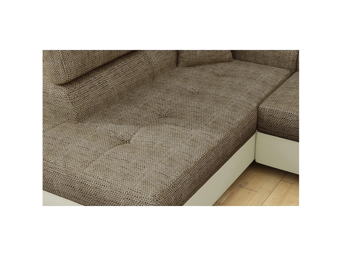 Canapé d'angle convertible MENTON beige et marron bouclé – Angle gauche avec coffre