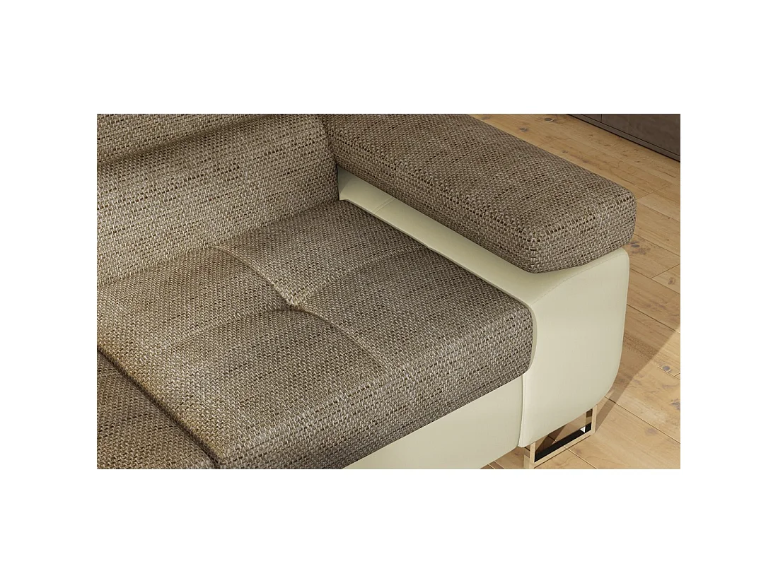 Canapé d'angle convertible MENTON beige et marron bouclé – Angle gauche avec coffre