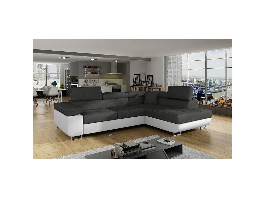 Canapé d'angle convertible MENTON gris et blanc – 4 places avec coffre et têtières