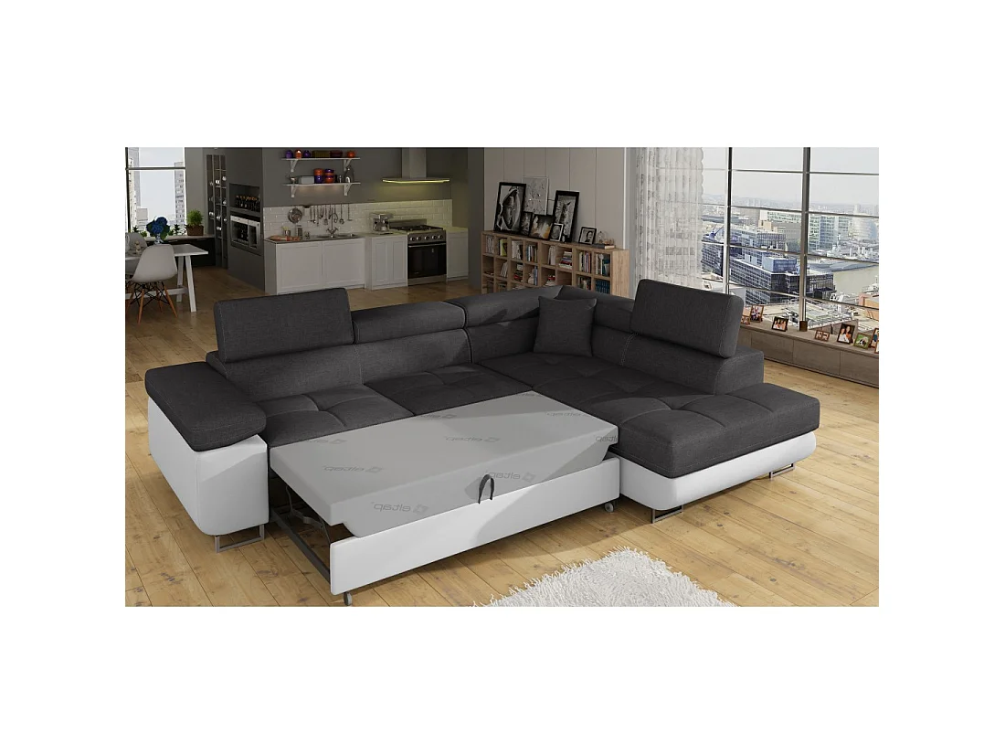 Canapé d'angle convertible MENTON gris et blanc – 4 places avec coffre et têtières