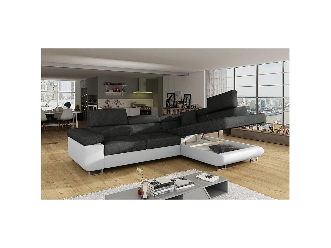 Canapé d'angle convertible MENTON gris et blanc – 4 places avec coffre et têtières