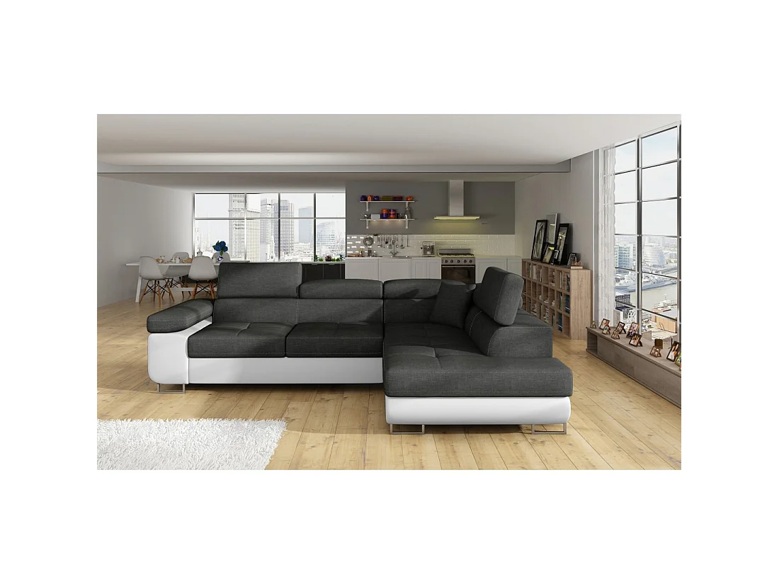 Canapé d'angle convertible MENTON gris et blanc – 4 places avec coffre et têtières