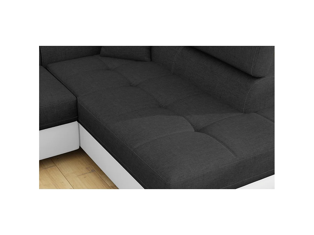 Canapé d'angle convertible MENTON gris et blanc – 4 places avec coffre et têtières