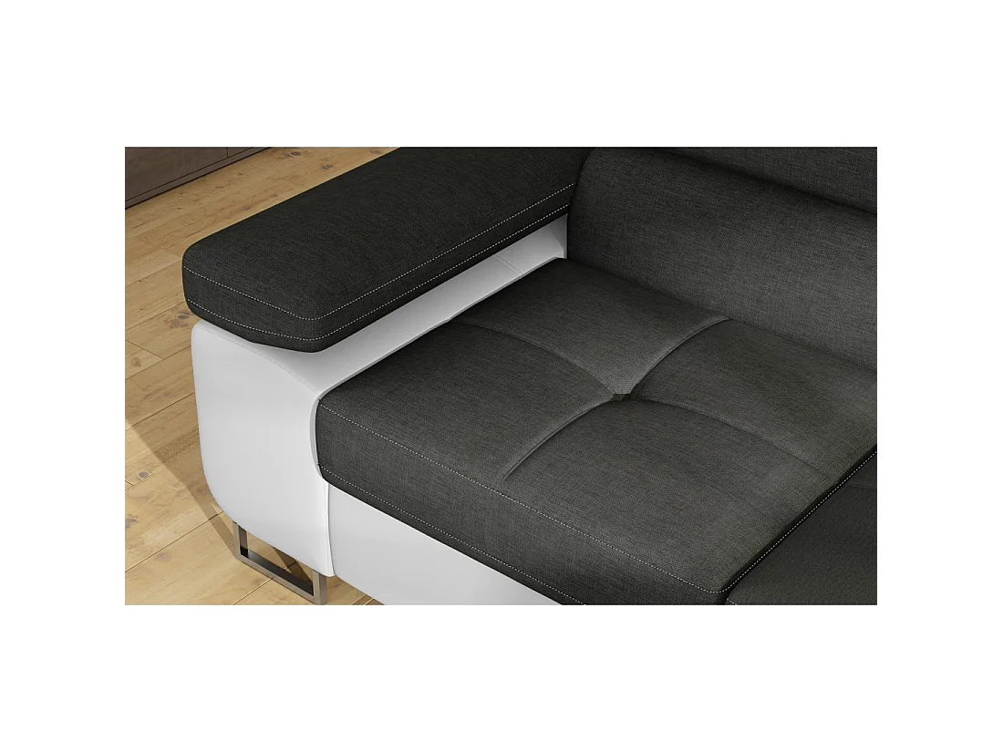 Canapé d'angle convertible MENTON gris et blanc – 4 places avec coffre et têtières