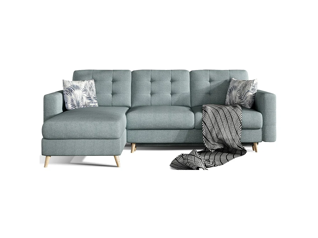 Canapé d'angle convertible HASGARD 3 places bleu 248x162 cm – coffre et pieds bois