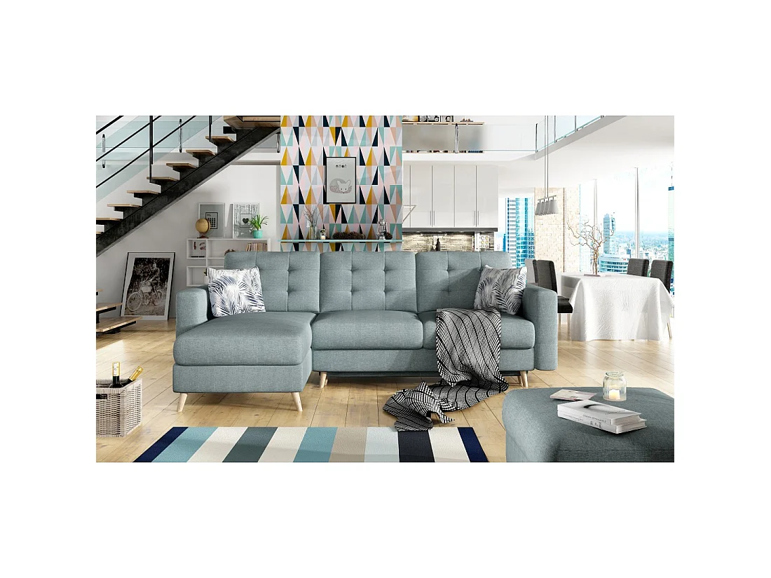 Canapé d'angle convertible HASGARD 3 places bleu 248x162 cm – coffre et pieds bois