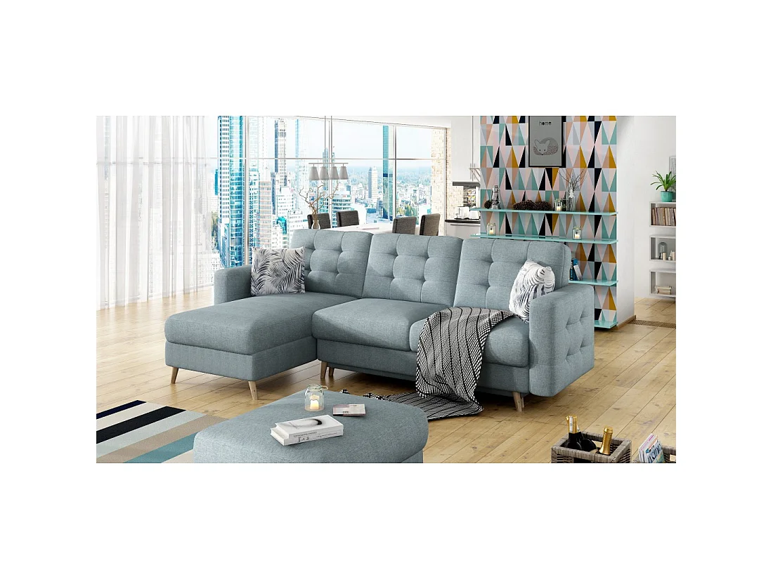 Canapé d'angle convertible HASGARD 3 places bleu 248x162 cm – coffre et pieds bois