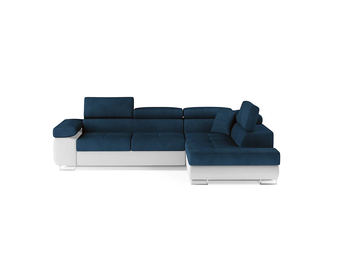 Canapé d'angle convertible MENTON bleu foncé et blanc bouclette – Angle droit avec coffre
