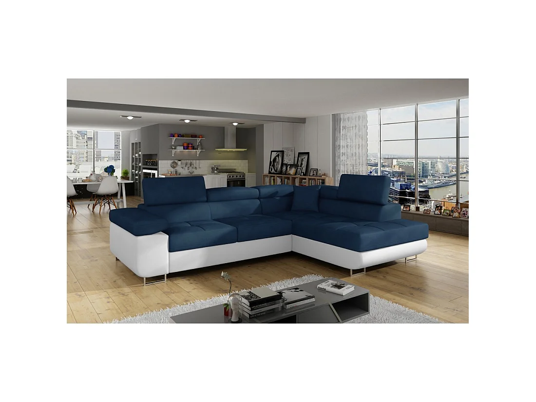 Canapé d'angle convertible MENTON bleu foncé et blanc bouclette – Angle droit avec coffre
