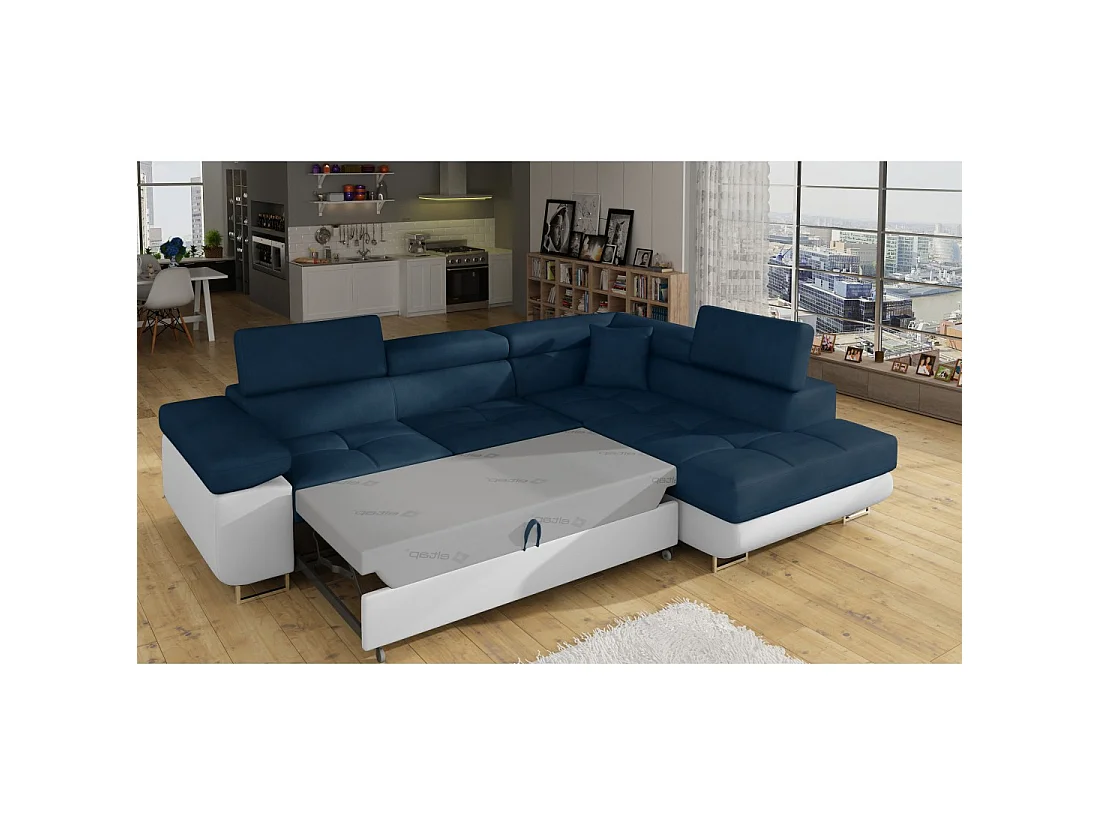Canapé d'angle convertible MENTON bleu foncé et blanc bouclette – Angle droit avec coffre