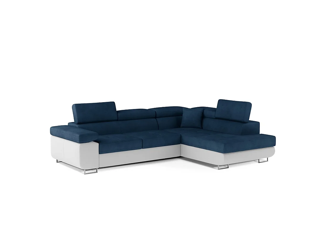 Canapé d'angle convertible MENTON bleu foncé et blanc bouclette – Angle droit avec coffre