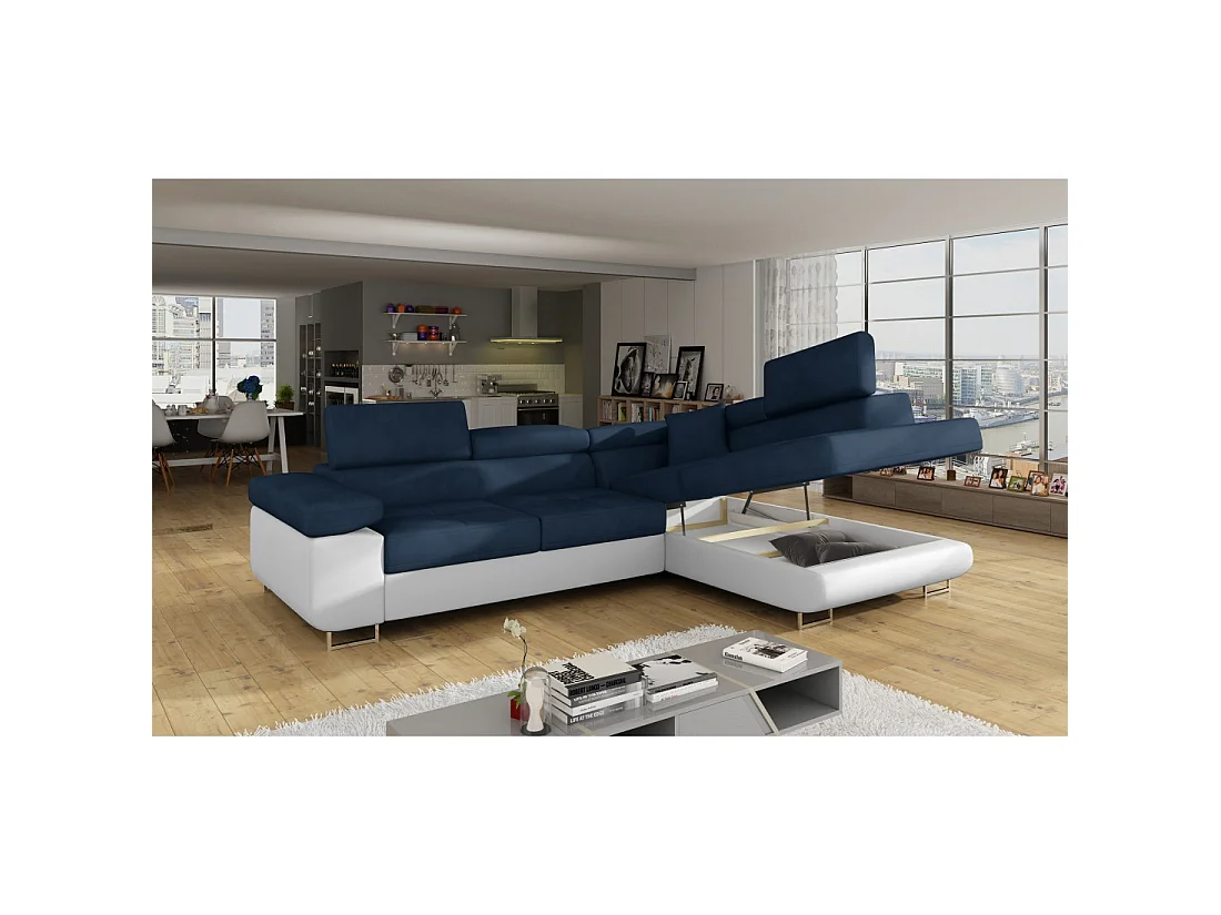 Canapé d'angle convertible MENTON bleu foncé et blanc bouclette – Angle droit avec coffre
