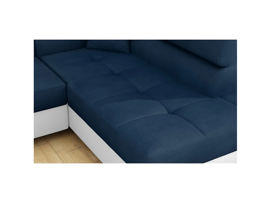 Canapé d'angle convertible MENTON bleu foncé et blanc bouclette – Angle droit avec coffre