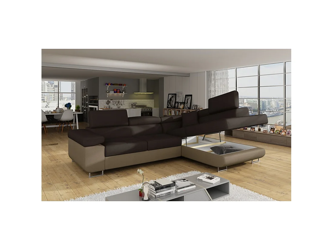 Canapé d'angle convertible MENTON marron chocolat et beige – Angle droit avec coffre