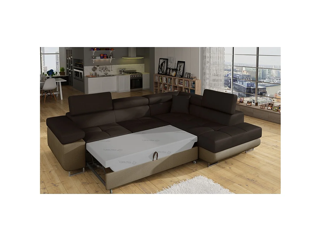 Canapé d'angle convertible MENTON marron chocolat et beige – Angle droit avec coffre